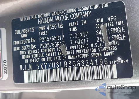 2016 Hyundai Santa Fe Sport 2.4L z USA, uszkodzony, nr VIN 5XYZU3LB8GG324196